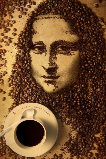 Artista utiliza grãos de café para formar desenhos